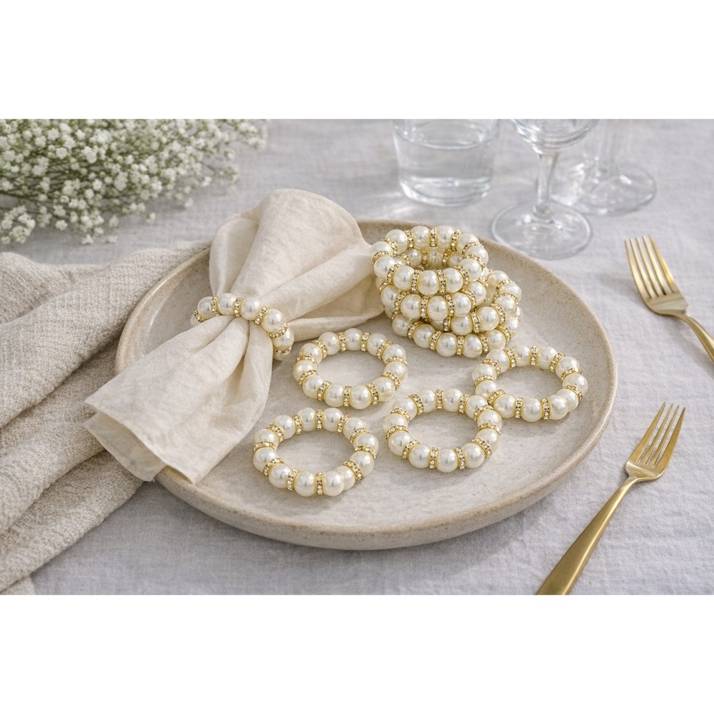 Elegant Pearl Rhinestone Napkin Rings Set of 8 Purchased New Never Used‎